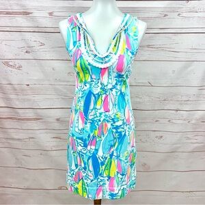 Lilly Pulitzer Fringe Trim Harper Shift Dress Beach & Bae Neon Sailboat Print